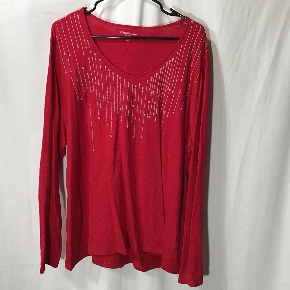 Coldwater Creek Red 100% Cotton Embroidered Beaded Long Sleeve Tee Shirt 2X